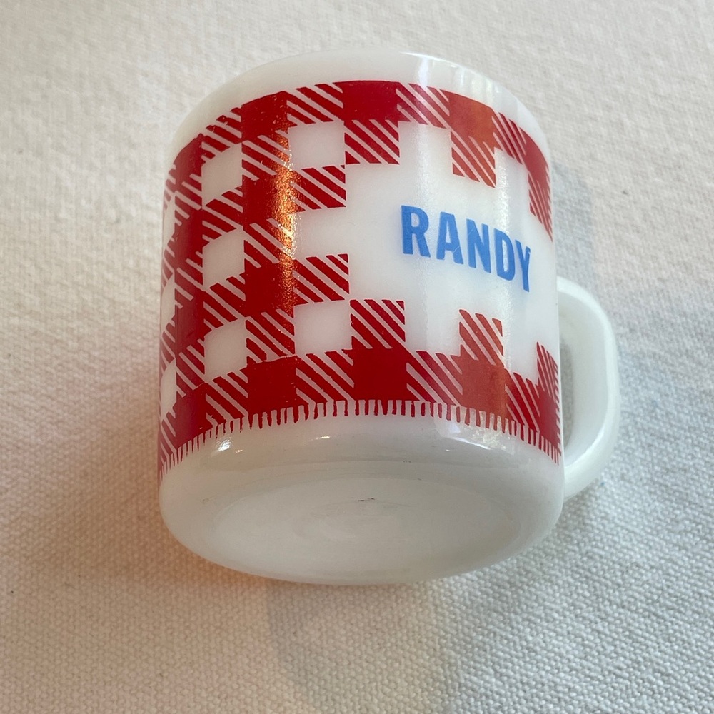 Vtg Federal Milk Glass Name “RANDY” Mug Red White Plaid Gingham 3” Cup
